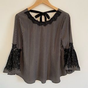THML black striped blouse with bow and bell sleeves